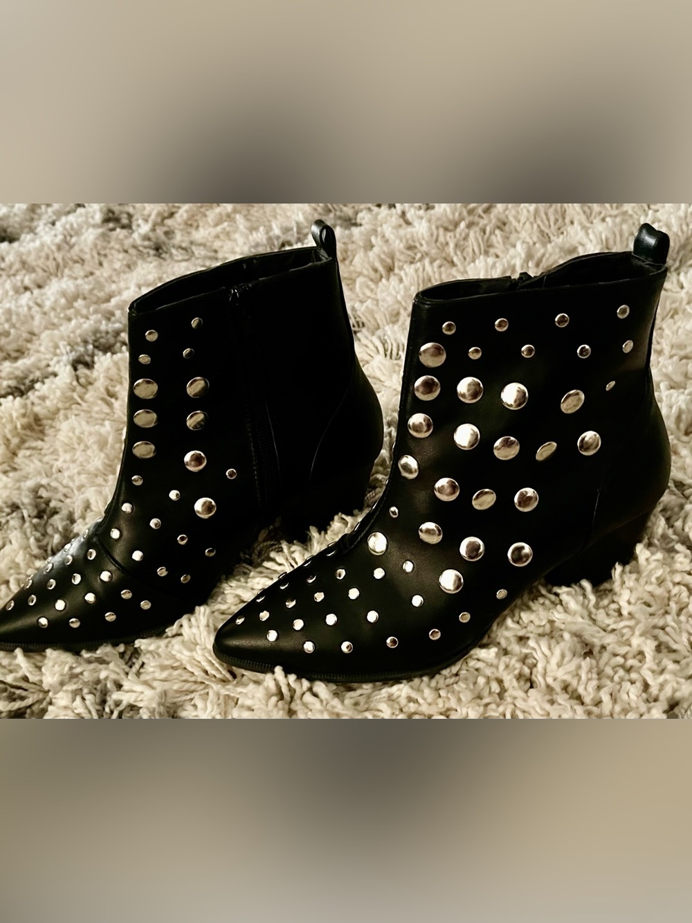 Qupid Black Silver Studded Pointed Toe Ankle Boots